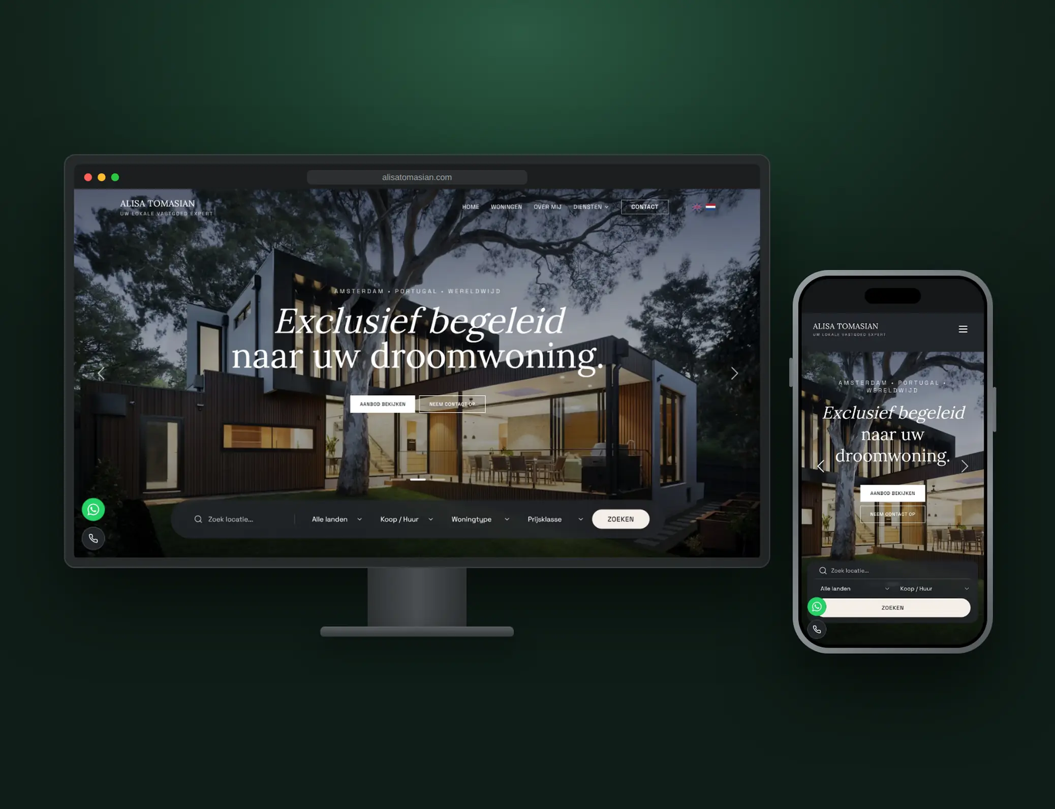 De website van AT Real Estate op een monitor en een telefoon